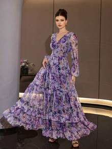 Women's Elegant Modern Printed Fashionable Luxury Flared Dress Vacation Summer - Purple - View 4