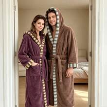 1pc Autumn/Winter Striped Colorblock Extra Long Plush Thickened Warm Home Bathrobe, Thickened Plush Fabric, Unisex Couple Style - Bathrobe - View 9