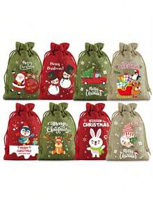 8/1pc Christmas Drawstring Gift Bag, Christmas Packaging Bag, Holiday Party Decoration Gift Bag, Cartoon Candy Drawstring Bag, Halloween, Christmas - Multicolor - View 15