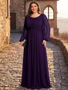 EVERPRETTY Plus Size Elegant Romantic A-Line Long Sleeve Plum Purple Bridesmaid Dress, Formal Party Dress For Autumn Wedding Guest Spring Fall - Purple - View 9