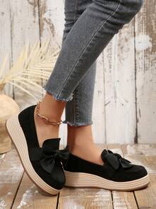 Women's New Bow Suede Thick Sole Comfortable Height-Increasing Wedge Shoes Beach Bow Home - Black - View 3