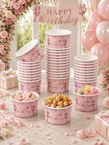 10pcs Pink Happy Birthday Paper Bowls, Disposable Birthday Party Bowls, Rose Gold Glitter Balloon Crown Print Paper Bowls, Birthday Party Supplies, Pink Birthday Decoration, Baby Shower Decoration, Dessert Snack Ice Cream Serving Bowls Party Tableware Supplies, Home Decor, Table Decor, Party Gifts - Pink - View 3