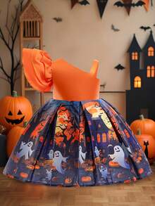 Baby Girls Asymmetric Neck Ghost Pumpkins Bat Haunted House Halloween Elements Pattern Satin Fabric Cute Party Princess Dress, Fabric Pattern Random Cut, Headband And Handbag Not Included - Multicolor - View 4