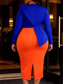 Elegant Plus Size Color Block Bodycon Midi Dress Lapel Collar Long Sleeve Irregular Peplum Waist Formal Church Office Work Party Business Fall Outfit - Blue - View 3