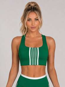 Sodalemon Women's Colorblock Striped Hollow-Out Racerback Sports Bra, Wide Strap Fitness Bra, Suitable For Yoga, Gym And Daily Fitness - Green - View 8