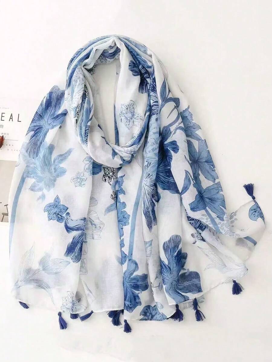 1件簡約印花長圍巾 波西米亞風彩色幾何菱格紋 春夏防曬絲巾 - S46713-白藍色 - 查看 1