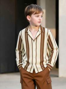 Boys Vintage Vertical Striped Cuban Collar Long Sleeve Shirt And Workwear Long Pants 2 Pieces Set - Brown - View 5