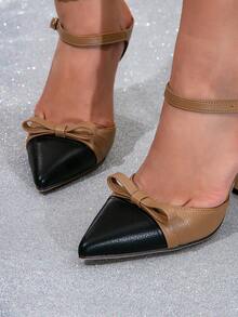 Women Two‑Tone PU Slingback High Heels, Bow Decor Pointed Toe Flared Stiletto Party Pumps - Multicolor - View 4