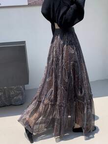 Women's Casual Long Ruffle Hem Skirt, Elegant Paisley Print, Lightweight Stretch Woven Fabric, Suitable For Early Autumn Wear - Dark Grey - View 6