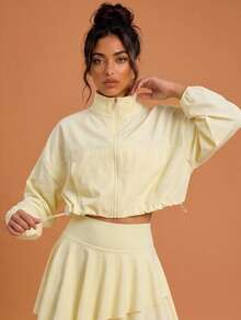 Never me Women's Yoga Stand Collar Zip-Up Batwing Sleeve Cropped Loose Fit Sports Jacket, Elastic Comfortable For Running And Workout - Yellow - View 1