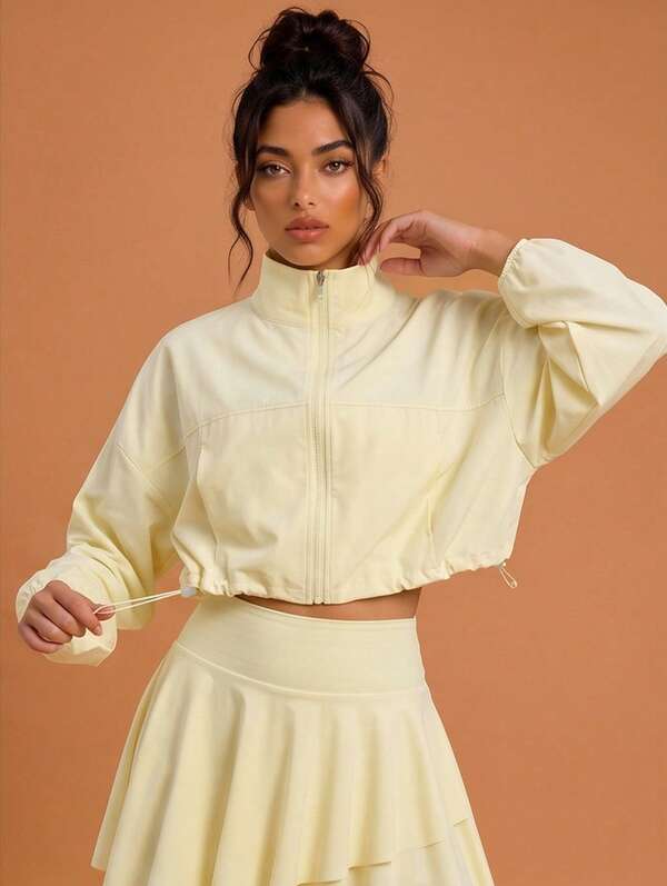 Never me Women's Yoga Stand Collar Zip-Up Batwing Sleeve Cropped Loose Fit Sports Jacket, Elastic Comfortable For Running And Workout