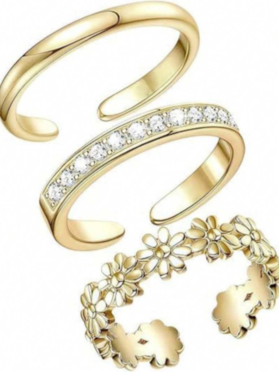 3pcs/Set Women's Flower Open Adjustable Toe Rings, Beach Vacation Style Fashion Foot Jewelry Set - Gold - View 1
