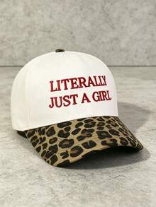 1件女款與男款時尚「LITERALLY JUST A GIRL」字母刺繡豹紋卡車帽，女款沙灘防曬棒球帽，適合四季，完美適配日常穿著、新娘婚禮用品、Y2K、聖誕節、萬聖節、感恩節、嘉年華、父親節完美禮物、單身女派對、戶外休閒旅行、沙灘度假必備，女款棒球帽 - 豹紋拼接 - 查看 3