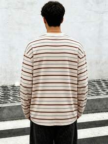 Kaos Lengan Panjang Bergaris Leher Bulat Pria Zrgoth, Atasan Kasual Dasar dengan Potongan Longgar - Aprikot - View 3
