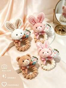 1 Set Plush Hair Scrunchie, Cute Rabbit Bear Animal Shaped Soft Fabric Hair Tie, Elastic Ponytail Hair Tie, Cartoon Style Suitable For Women And Girls - Multicolor - View 5