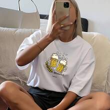 Everyday Pure Cotton Short Sleeve Top, Oktoberfest Clinking Foamy Beer Cups Wheat Graphic, Summer Festival Comfort T-Shirt - White - View 2