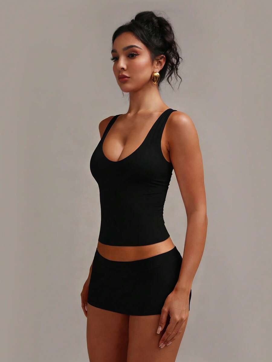 XLLAIS Débardeur noir sans manches pour femmes, couleur unie, décontracté et polyvalent, double couche, tissu de yoga haute élasticité, col U sexy, été, rentrée scolaire - Noir - Voir 1