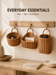 1pc Woven Rattan-Style Hanging Storage Basket With Handle, Wall-Mounted Organizer For Bathroom, Bedroom, Entryway & Office, Rustic Boho Wicker Basket For Toiletries, Accessories, Stationery & Home Decor,Room Decor,Back To School,Autumn Home Decor - Multicolor - View 2