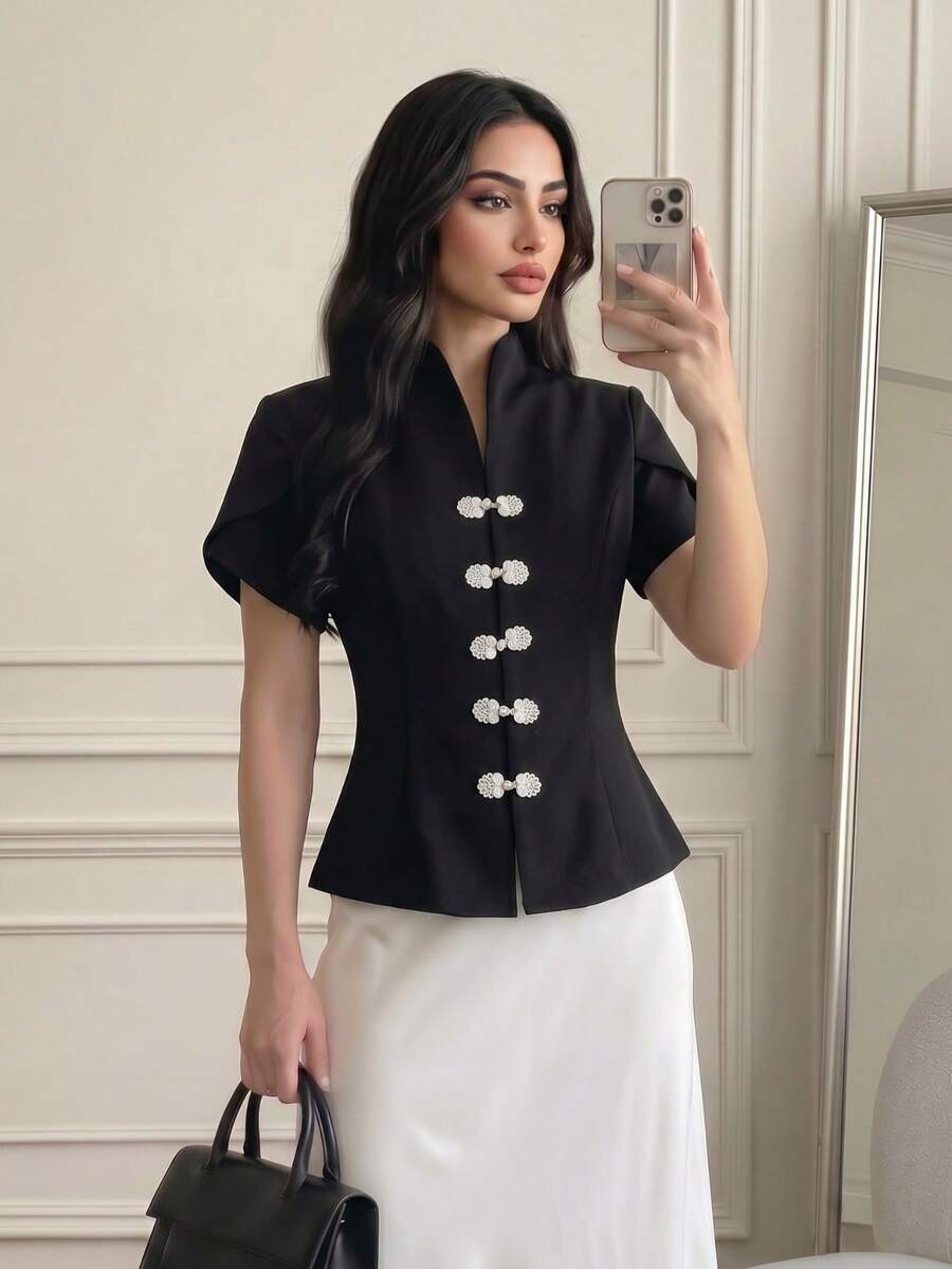 Damen Frühling/Sommer elegante neue chinesische Stil Froschknopf Stehkragen Kurzarm Bluse, Weiß Kontrast Froschknopf Schwarz - Schwarz - Übersicht 1