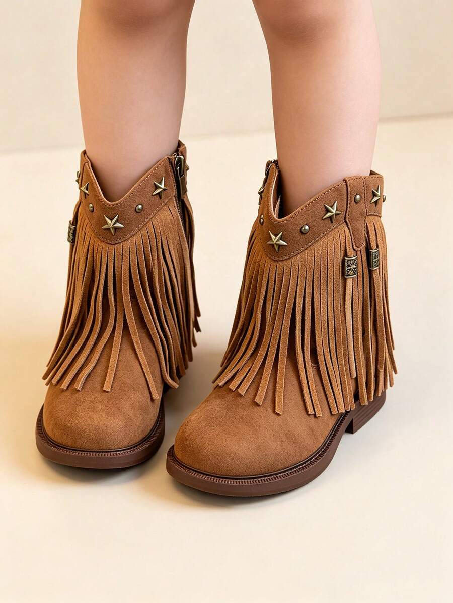 Children's Ankle Boots New Girls' Boots, Little & Big Kids Retro Suede Mid-Calf Boots With Tassels And Rivets, Western Cowboy Style School Boots - Brown - View 1
