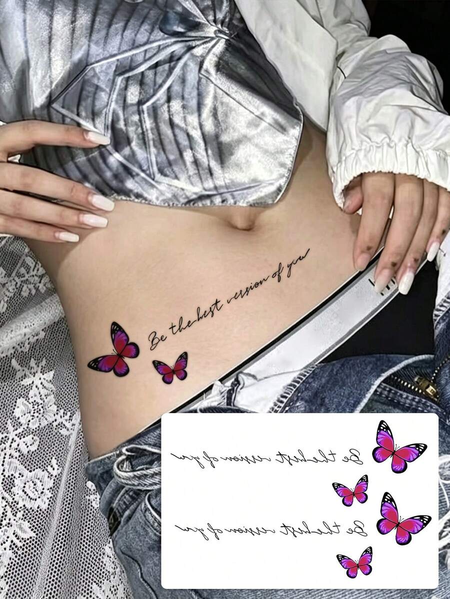 1 Sheet Color Gradient Pink‑Purple Butterfly With Inspirational Quote Temporary Tattoo Stickers, Horizontal Girly Butterfly & Hand‑Script Text Designs, Waterproof Body Art Decals, Apply On Waist, Rib, Hip, Upper Arm, Sweet Cool Ins‑Style Daily Decor - Multicolor - View 1