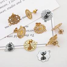 10pcs Stainless Steel Vintage Hollow Floral Pattern Gold Earring Studs Base, Suitable For DIY Jewelry Making Bohemian Style Fashion Elegant Pendant Earring Accessories - Stainless Steel Earrings - View 4