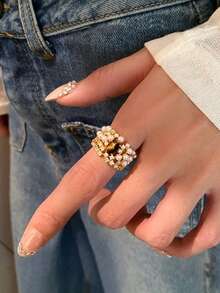 1 Pasang Cincin Mewah Musim Gugur/Dingin dengan Batu Mata Harimau dan Zirkonia Kubik untuk Wanita, Cocok untuk Pemakaian Sehari-hari Saat Berpergian - Yellow Gold - View 2