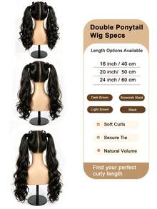 Tie-Up Double Wave Ponytail Hair Extensions, Synthetic Fiber Curly Drawstring Ponytail Wig, Suitable For Girls, Soft Large Wave Curly Hair Piece, Easy To Wear, Suitable For Daily, Halloween, Christmas Party And Cosplay, Multiple Lengths Available - Multicolor - View 4