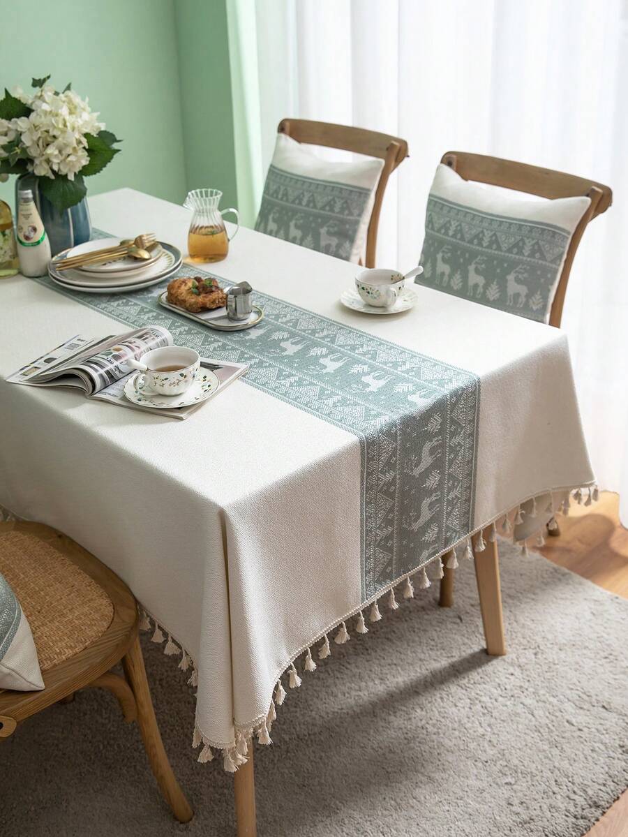 1pc Autumn/Winter Christmas Jacquard Tablecloth, Green Deer Pattern, Rectangular Tablecloth, Dining Table Cloth, Holiday Home Decor, Party Tablecloth, Suitable For Kitchen, Dining Room, Gathering, Living Room, Holiday, Party, New Year Decoration, Christmas Decoration, Christmas Gift, Autumn Decoration, Merry Christmas - Green - View 1