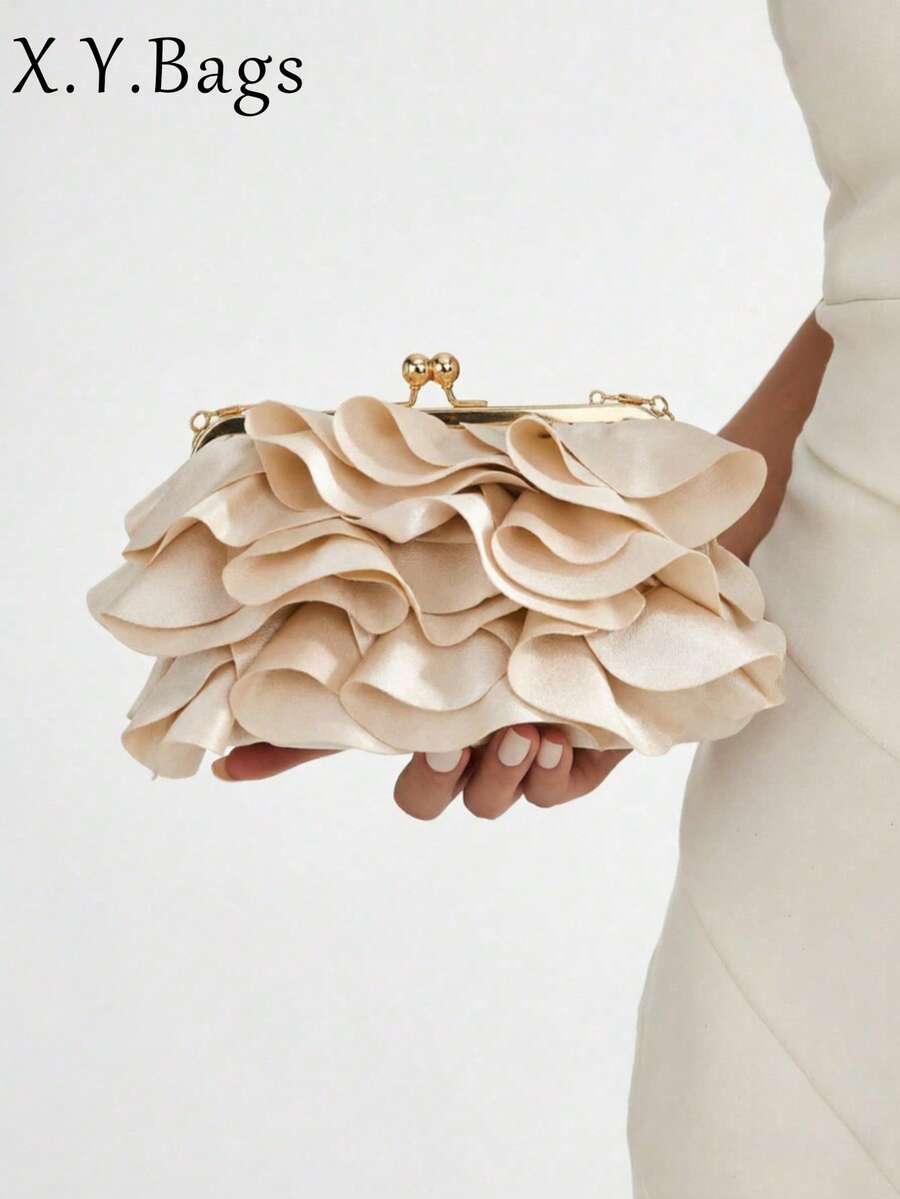 Women's Elegant Charming Petal Party Clutch, Ruffle Design Evening Bag, Suitable For Wedding/Vacation/Formal Party/Ball - Apricot - View 1
