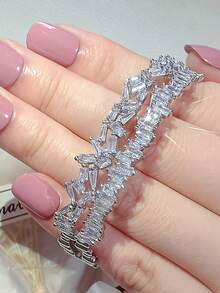MOONSO 1pc Luxury Cubic Zirconia Decorated Bracelet, Suitable For Women's Daily Wear, Party, Banquet, Wedding And Other Occasions - Silver - View 5
