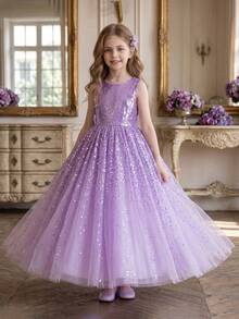 Tween Girl Purple Sequin Luxurious Dress, Fluffy Tulle Birthday/Wedding Party Formal Gown - Purple - View 8
