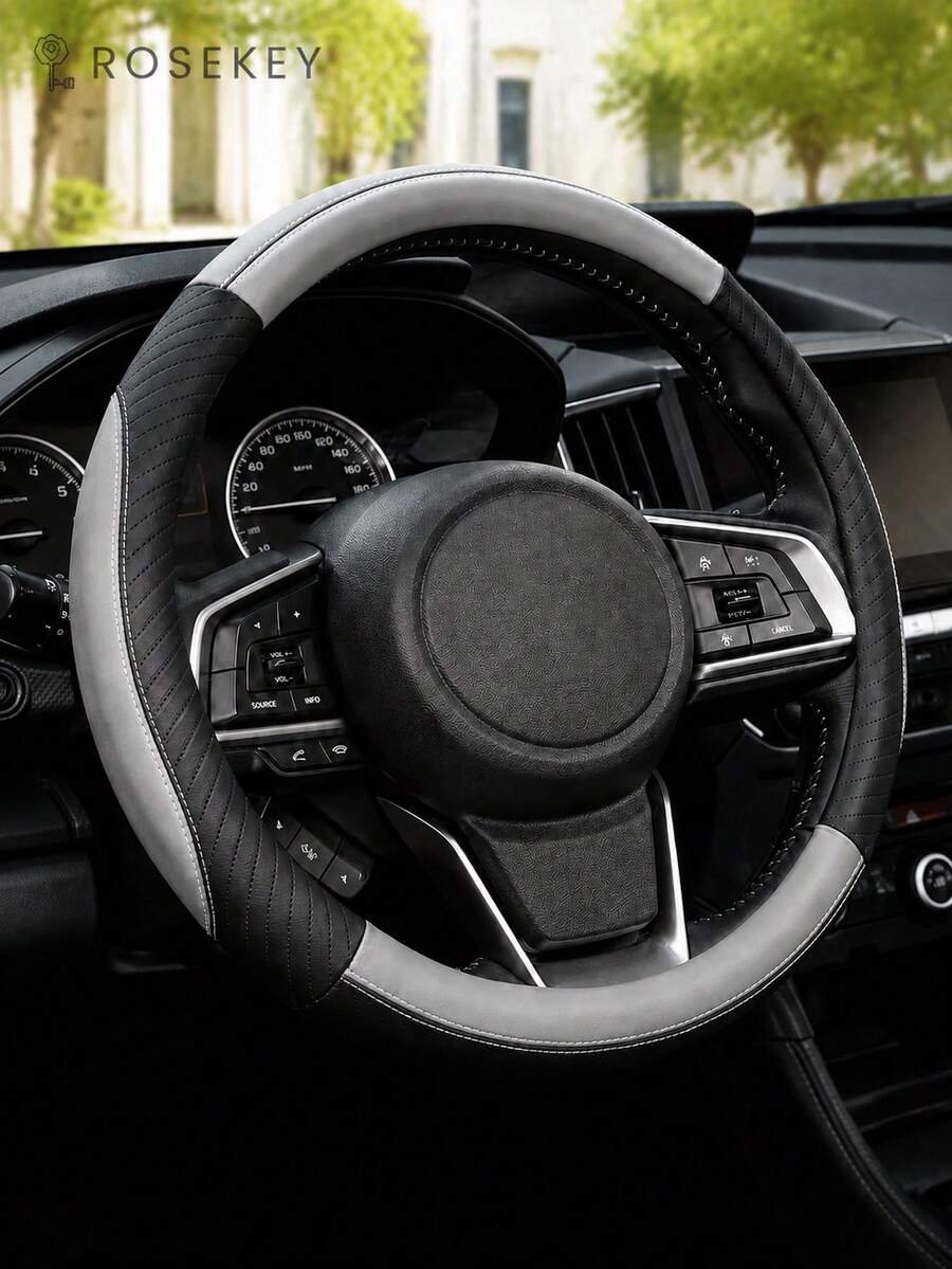 1pc Universal Black & Grey Steering Wheel Cover, Premium Leather Texture Car Interior Accessory, Non-Slip Breathable Grip Protection, Sporty Color Block Design, Comfortable Driving Decor, Suitable For Sedan SUV Truck Daily Commute & Travel - A - View 1