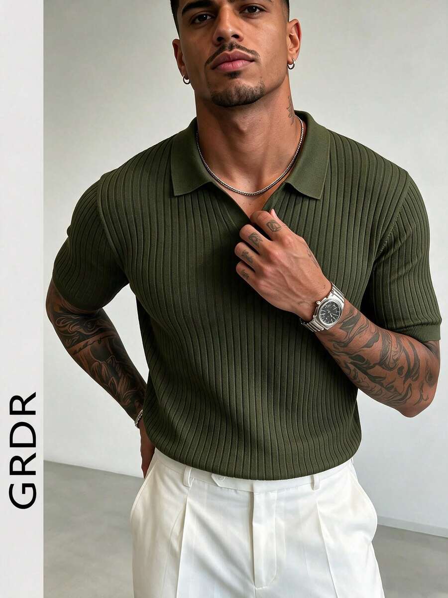 GRDR Men's Summer Solid Color Polo Collar Short Sleeve Knit Sweater, Suitable For Summer Outings, Essential For Fashionable Styling