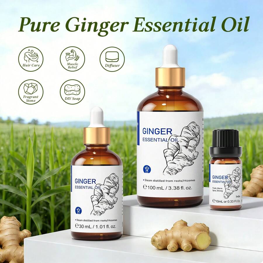 HIQILI Ginger Essential Oil, Rich Warm Spicy Aroma, 10ml/30ml/100ml, For Diffusing, Relaxing, Refreshing, DIY Fragrance Blending, Enhancing Daily Mood