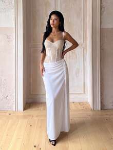 1pc Solid Color Elegant Knit Fabric Sleeveless Dress For Wedding Summer - White - View 2