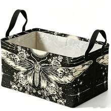 1PC Gothic Moth Skull Moon Floral Print Storage Basket With Handles, Dark Celestial Starry Rose Vintage Pattern Household Organizer Bin, Suitable For Multi‑Purpose Storage Of Clothes Sundries, Home And Room Decor - Black - View 7