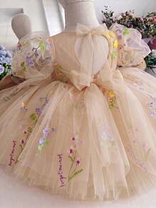 女童刺繡花瓣袖鏤空露背網紗公主裙，適合女孩生日派對、花童婚禮禮服、派對洋裝 - 金色 - 查看 6