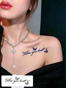 6 Sheet Blue Ink Lettering Temporary Tattoo Stickers, Gothic Cursive Inspirational Texts With Rose Butterfly Designs, Waterproof Body Art Decals, Apply On Collarbone, Arm, Shoulder, Cool Literary Daily Decor - Black - View 9