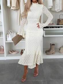 Unadoll Women Fall Winter Cream Lace Mermaid Midi Dress Mock Neck Flare Long Sleeve Bodycon Party Dress For Dating Cocktail Gathering - White - View 6
