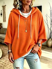 Plus Size Women's Regular Length Hooded Knit Top, Fitted 3/4 Sleeve, With Drawstring Detail, Suitable For Autumn Wear - Orange - View 3