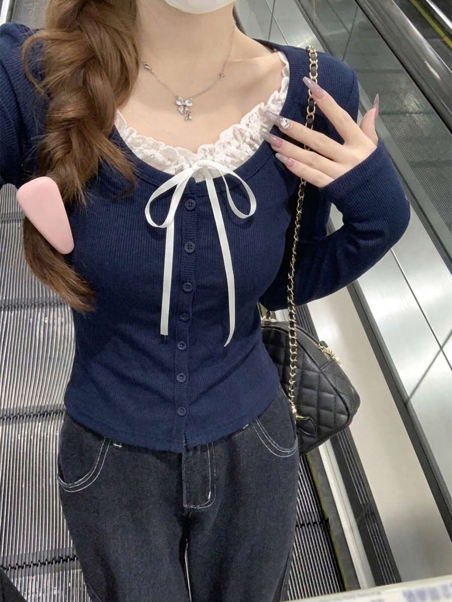 秋冬純蕾絲拼接鈕扣修身 2-in-1 長袖內搭 T-shirt 休閒風 - 藏蓝色 - 查看 1