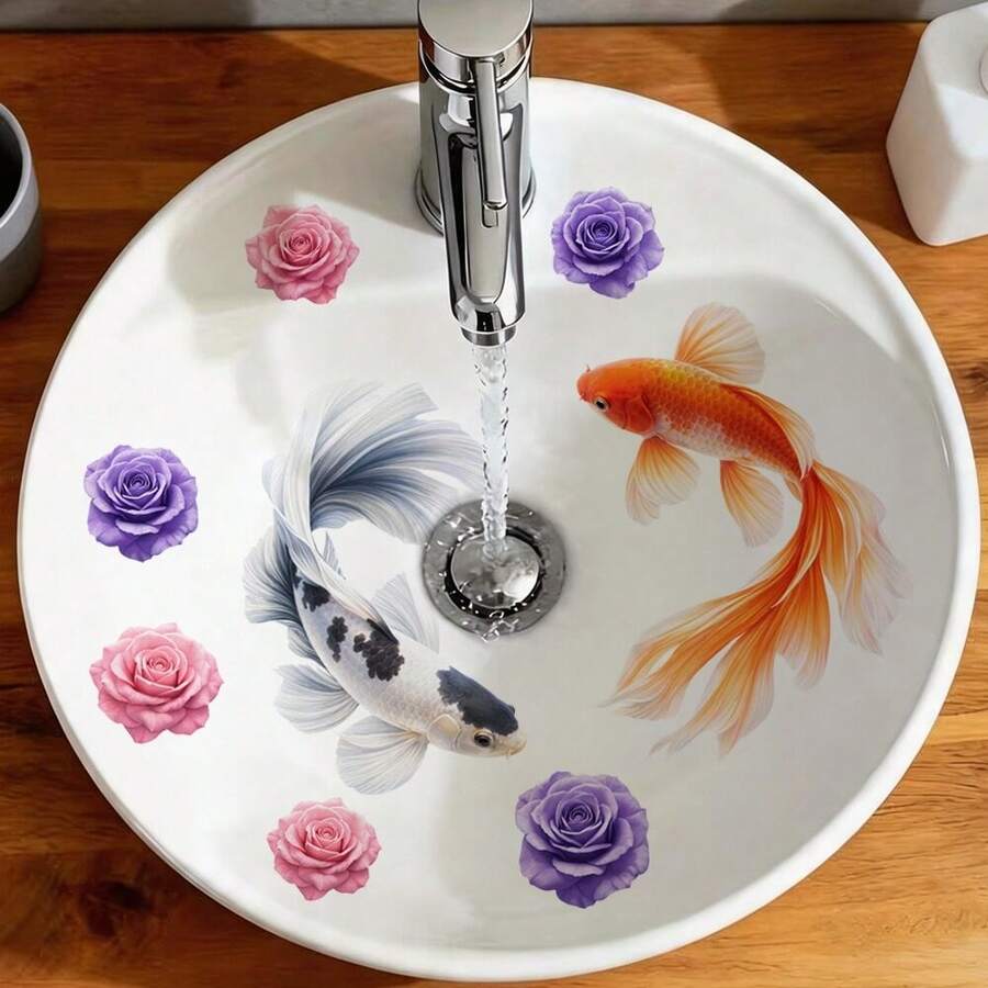 1 buah Stiker Dekoratif Tempel Sendiri untuk Wastafel Kamar Mandi Motif Ikan Koi & Bunga Mawar 2D, Dapat Dilepas - Beraneka warna - View 1
