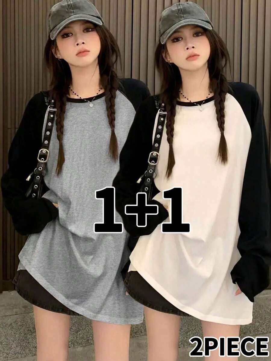 Women's Y2K Black/Grey & Black/White Contrast Minimalist Loose Versatile Home Daily Street Commute Raglan Sleeve Round Neck 2-Piece Top Set - Multicolor - View 1