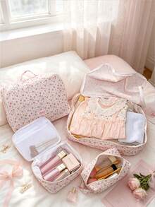 1pc/Set Pink Floral Print 4pcs Travel Luggage Organizer Set, Zippered Clothing Storage Bags, Portable Suitcase Organizer, Multi-Size Storage - Pink - View 9