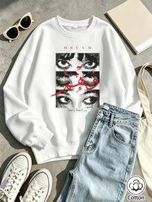 Women's Street Style Eye Print Arabic Letter Graphic Loose Fit Crew Neck Sweatshirt, Breathable Casual Pullover For Spring & Autumn Daily Wear - White - View 9