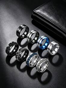 8PCS Simple Polished Stainless Steel Men's Rings, Punk Chain Spinner Rings, Versatile Men Jewelry For Daily Party Business Banquet - Multicolor - View 2