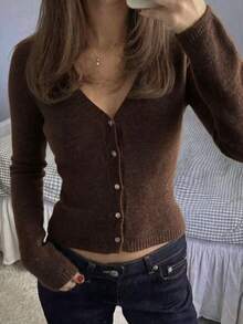 Women's New Spring/Autumn V-Neck Long Sleeve Knit Cardigan Jacket, Elegant For Commuting And Daily Wear - Coffee Brown - View 1