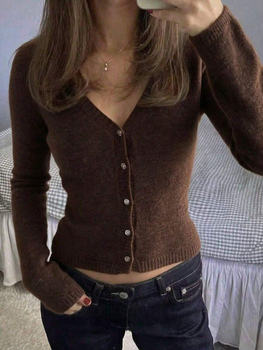 Women's New Spring/Autumn V-Neck Long Sleeve Knit Cardigan Jacket, Elegant For Commuting And Daily Wear - Coffee Brown - View 1