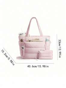 Tote Bag With Multiple Compartments And External Pockets, Excellent Storage Capacity, Comes With Matching Small Pouch, Zipper Closure, Minimalist Casual Style, Tote Handbag, Suitable For Commuting, School, Travel And Other Scenarios, Balancing Practicality And Style - Pink - View 2